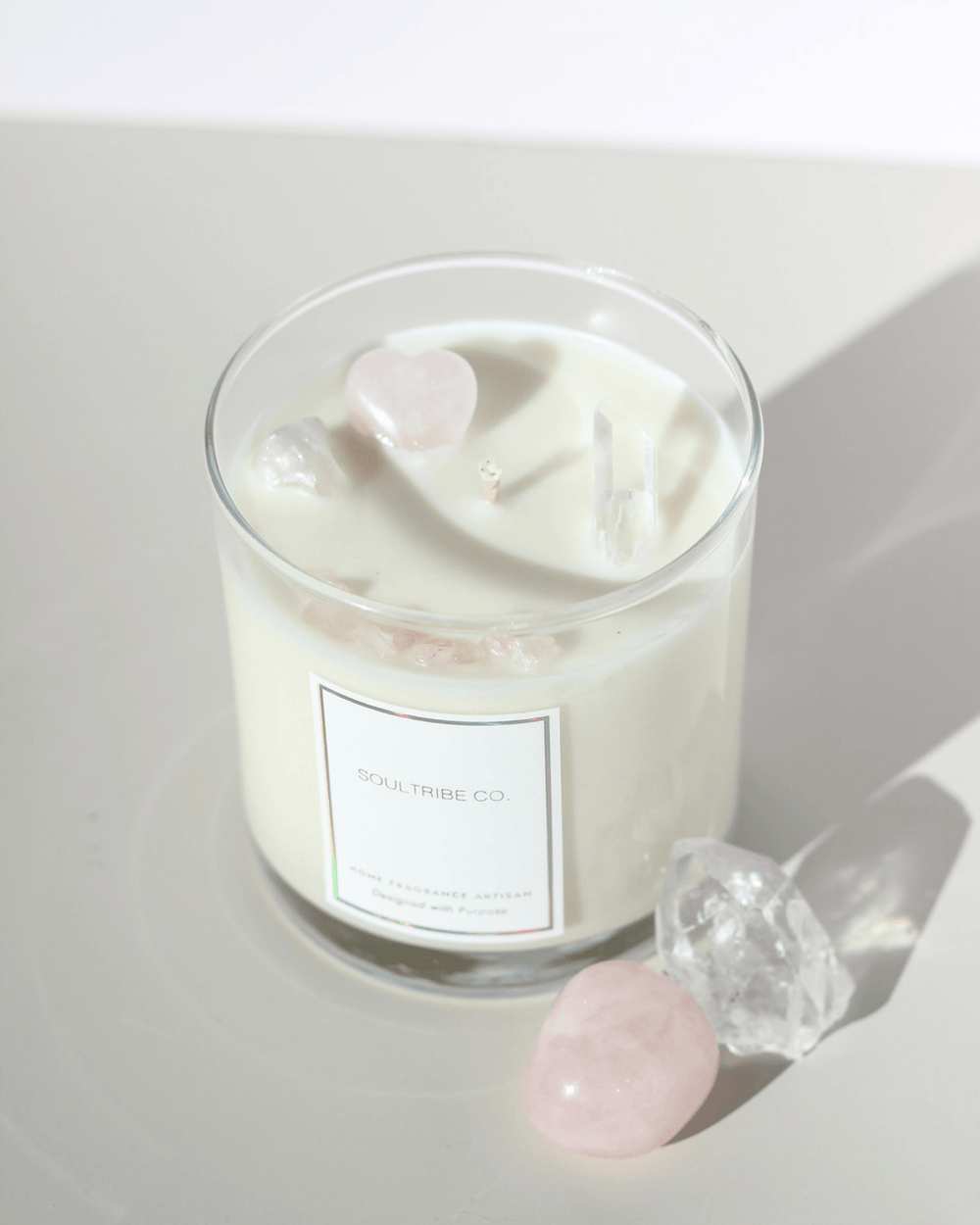Rose Quartz crystal soy candle handmade and perfect for gift giving, self love and love candle