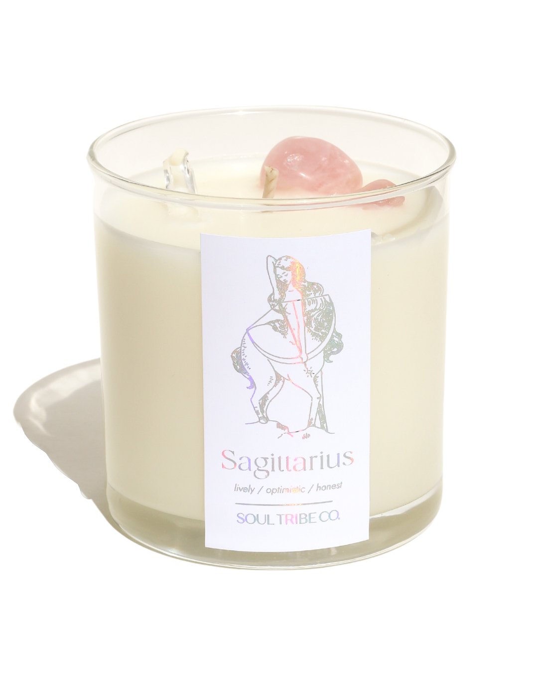 Sagittarius Candle - Soul Tribe Co. Sagittarius crystal candle with soy wax for positivity and healing, handcrafted for zodiac lovers.