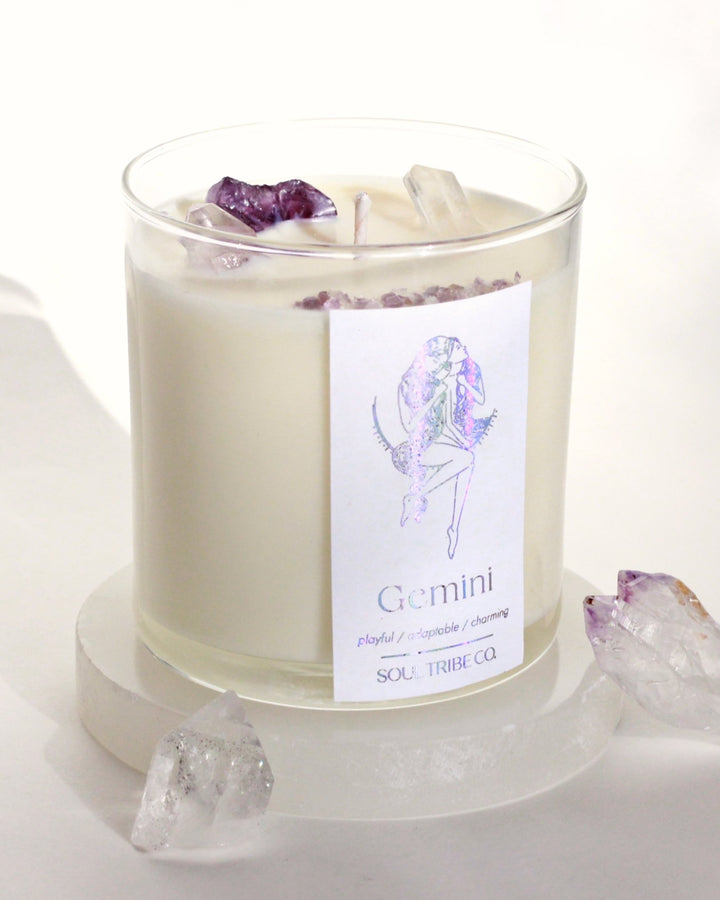 Luxury Gemini Zodiac Candle with crystals and handmade soy wax design.