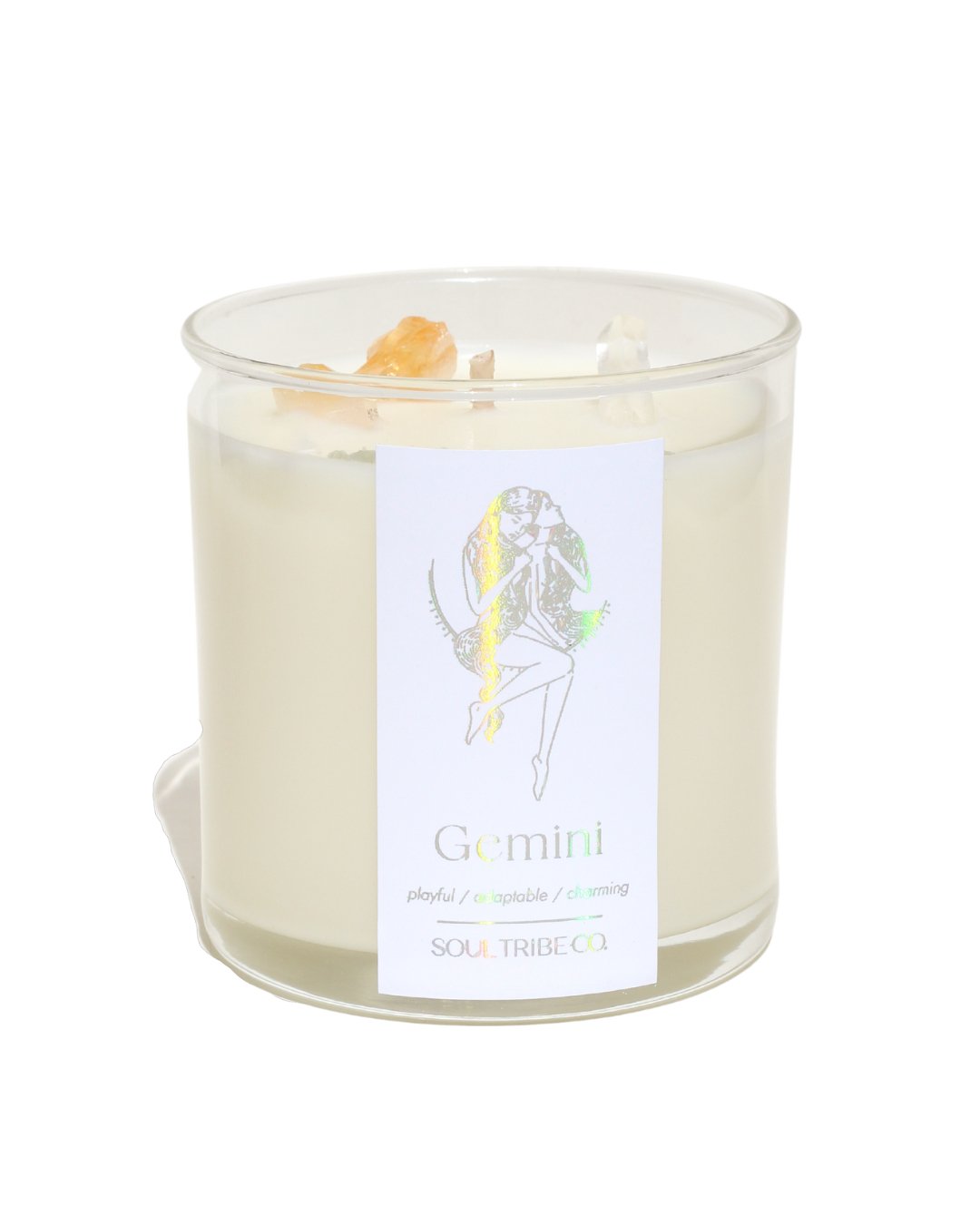 Gemini Zodiac Crystal Candle hand-poured with vegan soy wax and infused with crystals.