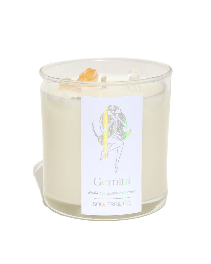 Gemini Zodiac Crystal Candle hand-poured with vegan soy wax and infused with crystals.