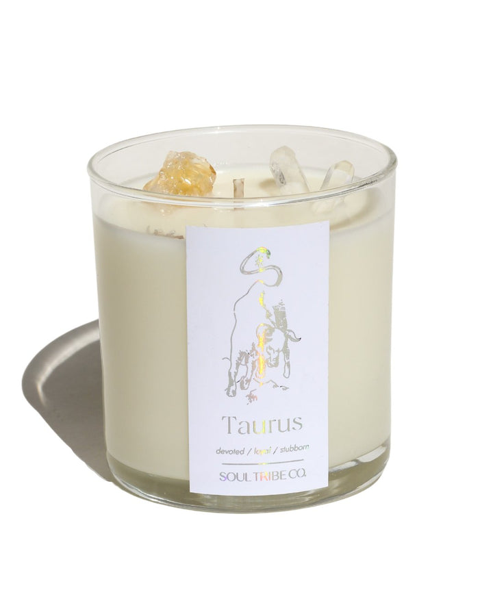Taurus Zodiac Crystal Candle made with natural soy wax and infused with crystals.