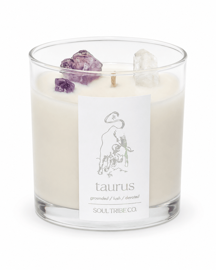 Taurus Zodiac Crystal Candle - Handmade Soy Wax, Natural & Clean - Soul Tribe Co.