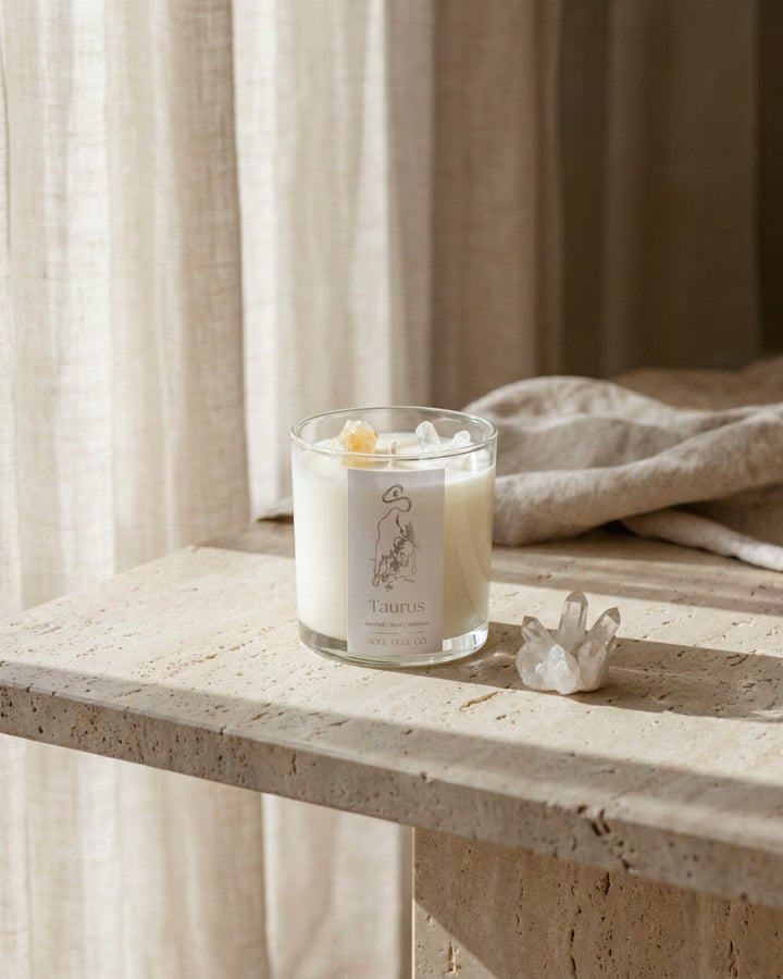 Taurus Zodiac Crystal Candle - Handmade Soy Wax, Natural & Clean - Soul Tribe Co.
